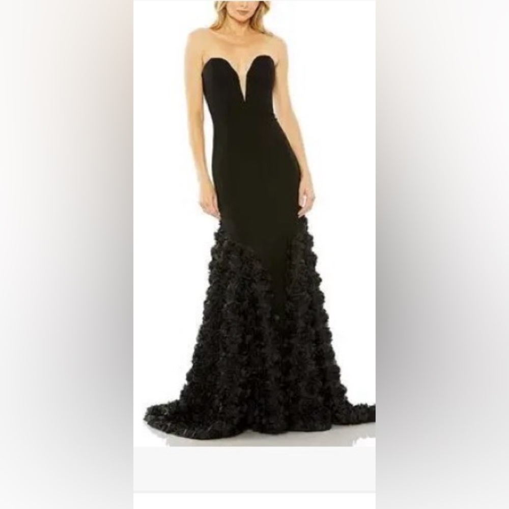 Mac Duggal Strapless Black Mermaid Gown with Rosette Skirt